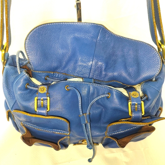 Abro Genuine Leather drawstring Satchel - Vivid Blue - Picture 2 of 11